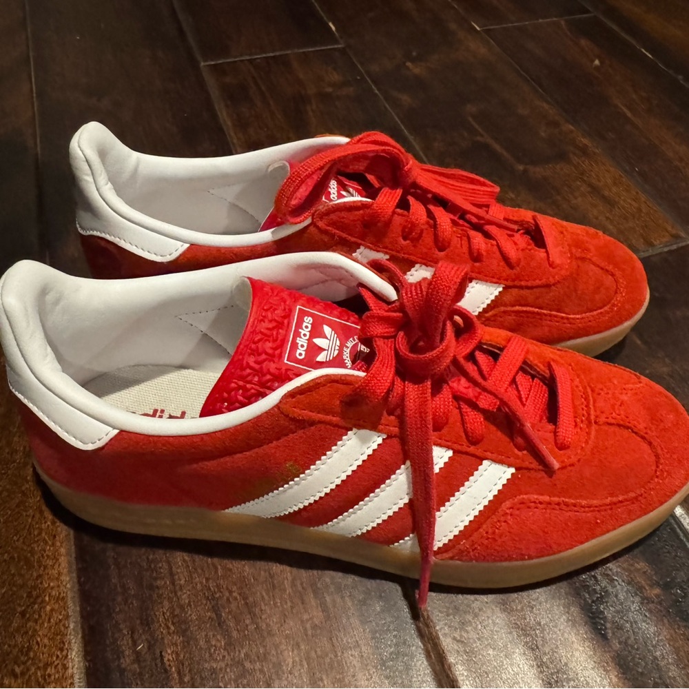 Adidas Red Suede Sneakers with White Stripes